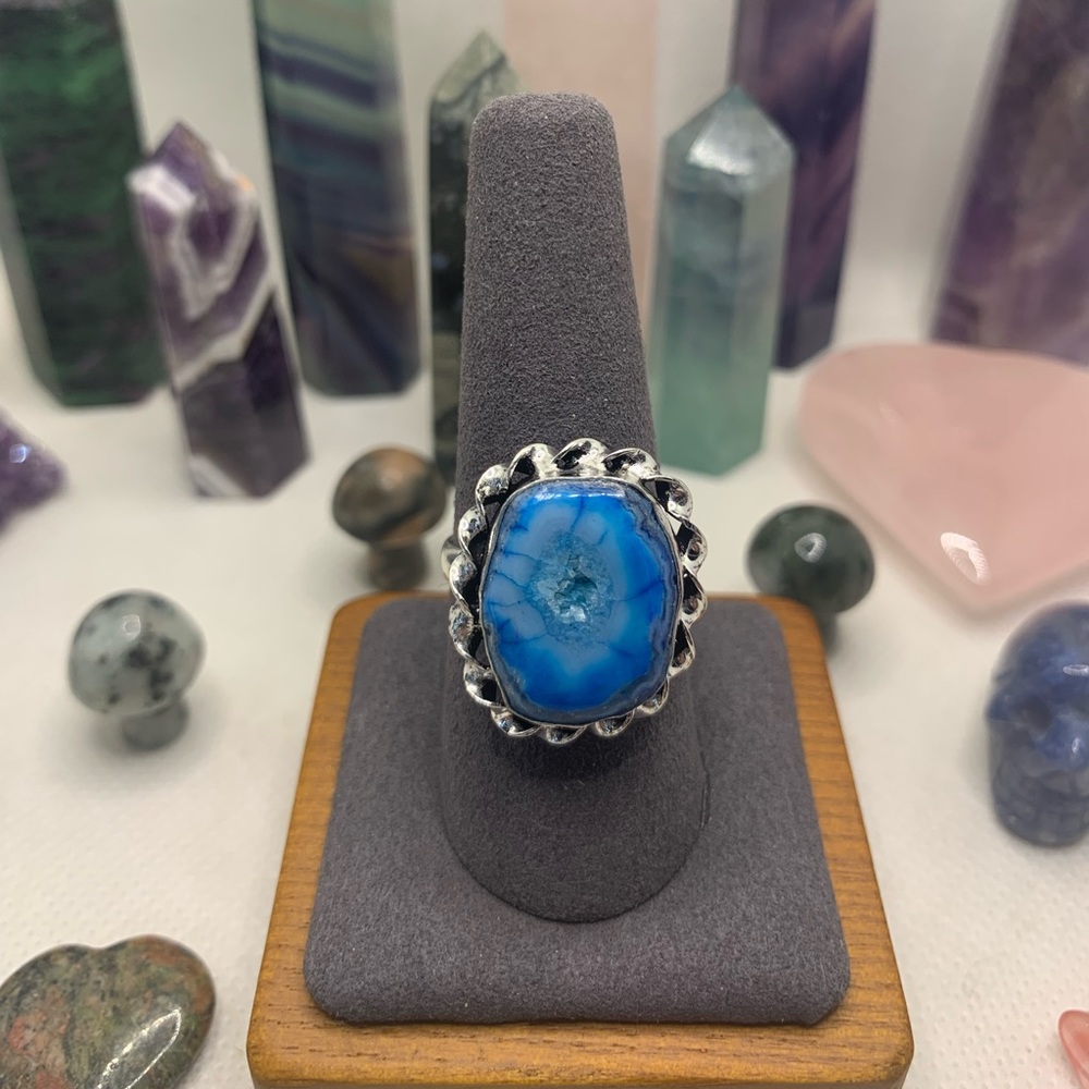 Sparkly Blue Druzy Agate Ring! .925 Sterling Silver Plated, Size 8.75